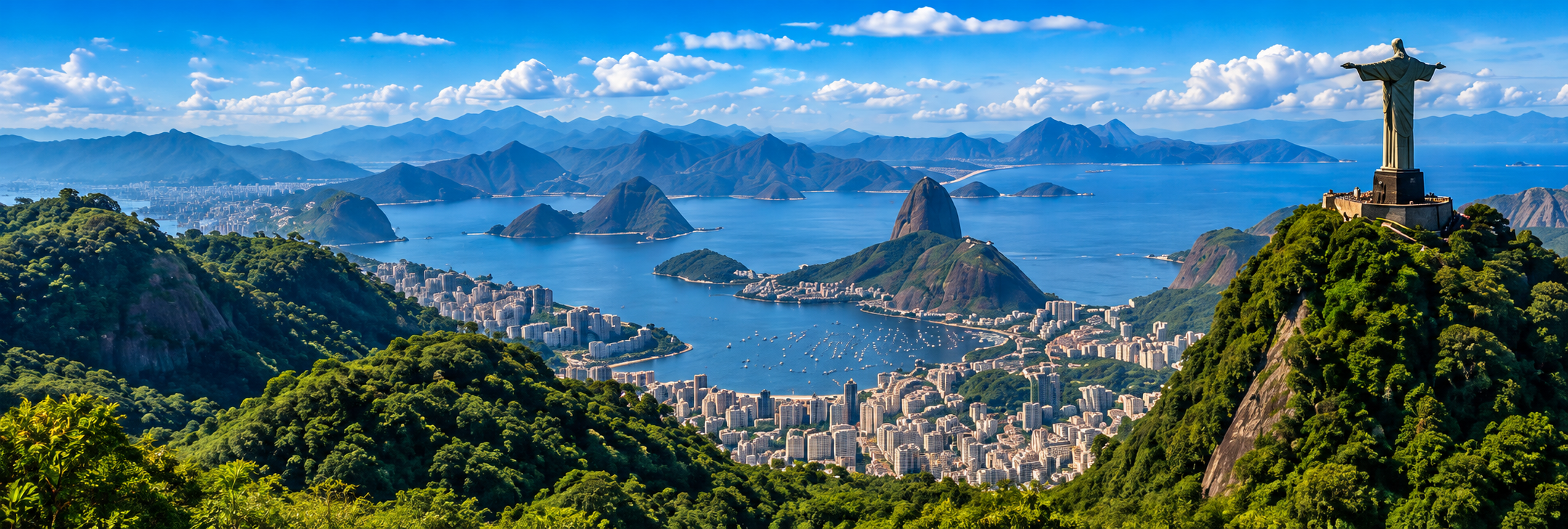Panorama do Rio de Janeiro, com a baía, montanhas e o Cristo Redentor
