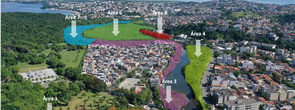 Vista aérea do território do Manguezal do Jequiá com as áreas de atuação destacadas