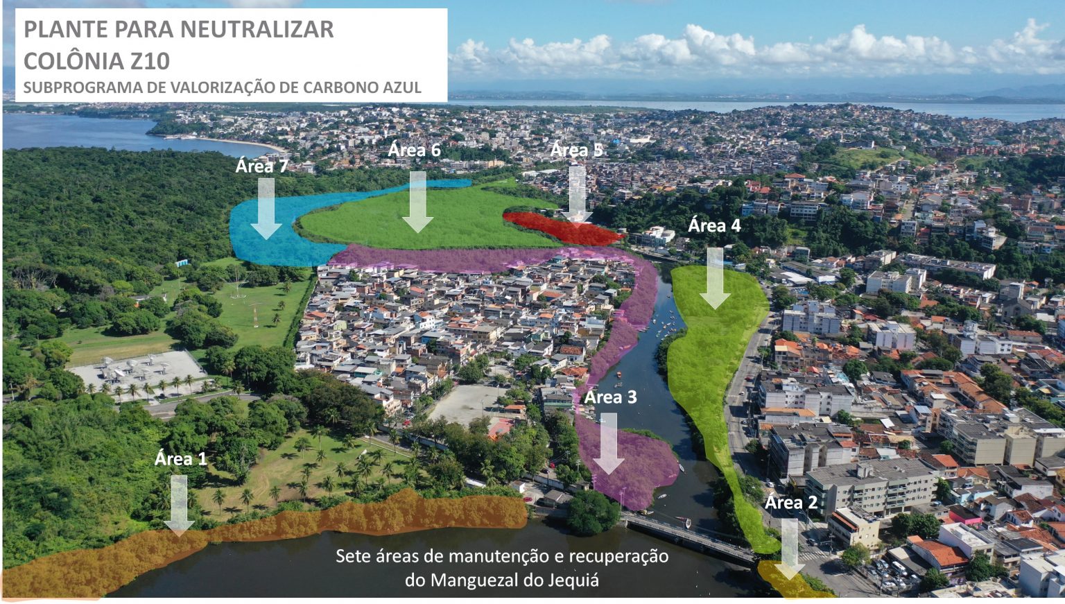 Mapa das sete áreas de manutenção e recuperação do Manguezal do Jequiá